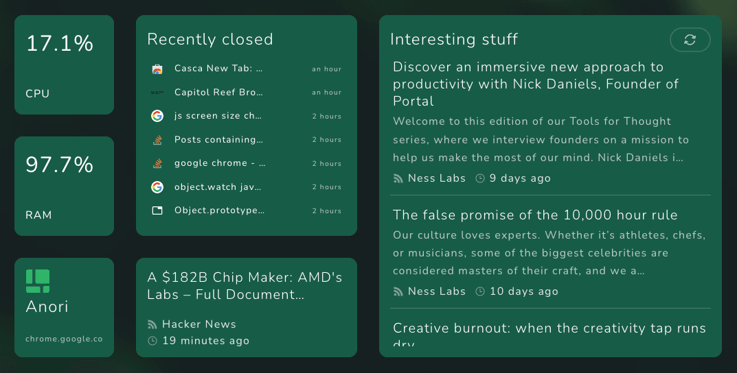 Unique widgets in Anori: RSS feed and recently closed tabs