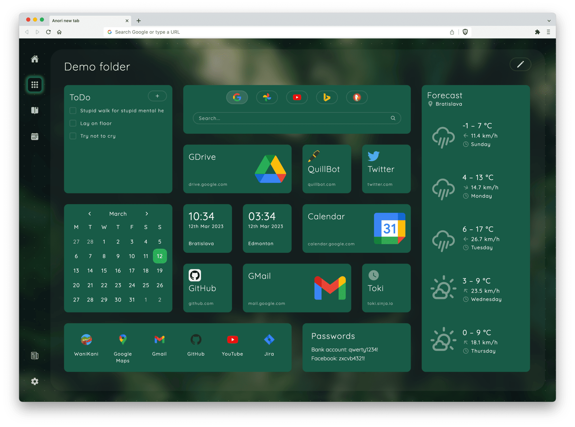 Anori - customizable new tab page screenshot